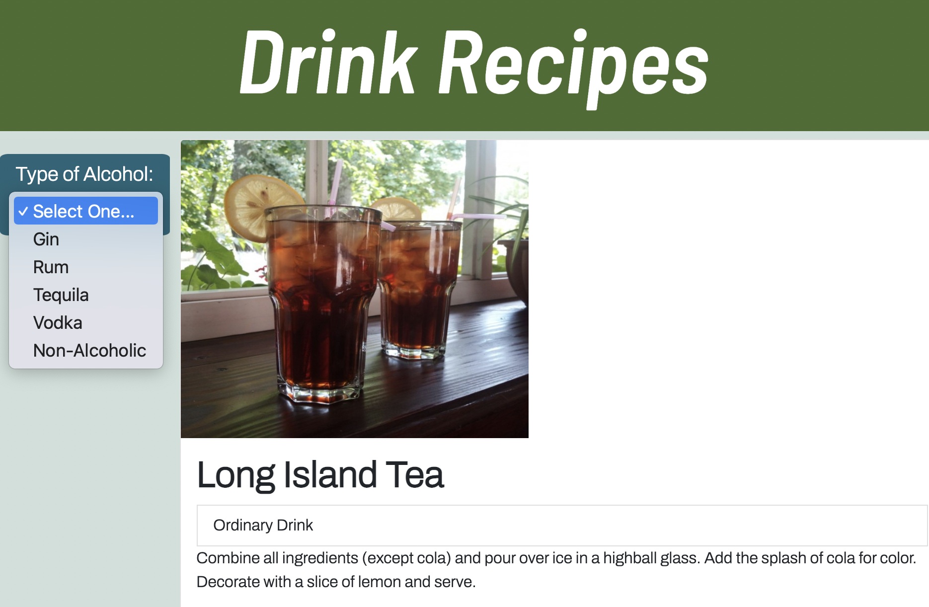 The 'Long Island Iced Tea' is shown in a screenshot as well as the choices for alcohol selection.