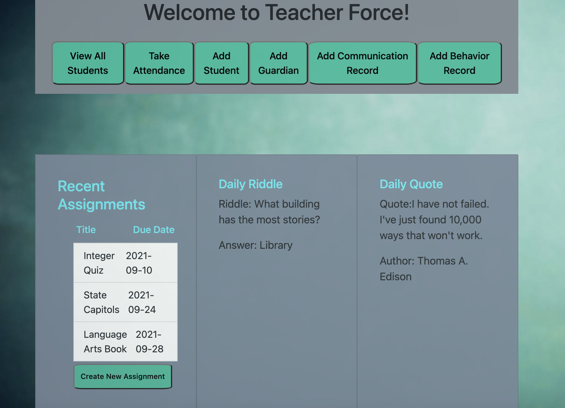 The teacher's homepage is shown after a successful login